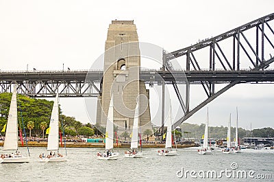 Sailboats performing ballet movement show in events on Australia day at Sydney Harbour. Editorial Stock Photo